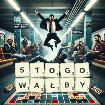 Kreatywna ilustracja do gry w Scrabble ze słowem STOGOWAŁBY ułożonym z płytek na planszy.