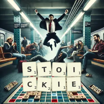 Kreatywna ilustracja do gry w Scrabble ze słowem STOICKIE ułożonym z płytek na planszy.