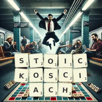Kreatywna ilustracja do gry w Scrabble ze słowem STOICKOSCIACH ułożonym z płytek na planszy.