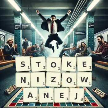 Kreatywna ilustracja do gry w Scrabble ze słowem STOKENIZOWANEJ ułożonym z płytek na planszy.