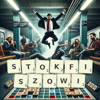 Kreatywna ilustracja do gry w Scrabble ze słowem STOKFISZOWI ułożonym z płytek na planszy.