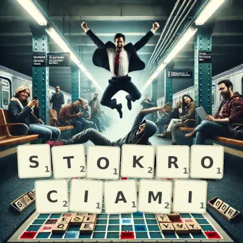 Kreatywna ilustracja do gry w Scrabble ze słowem STOKROCIAMI ułożonym z płytek na planszy.