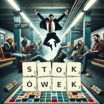 Kreatywna ilustracja do gry w Scrabble ze słowem STOKÓWEK ułożonym z płytek na planszy.
