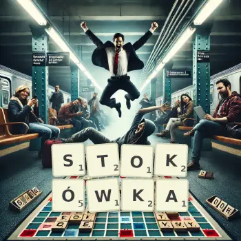 Kreatywna ilustracja do gry w Scrabble ze słowem STOKÓWKA ułożonym z płytek na planszy.