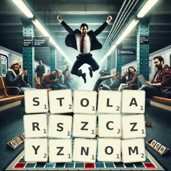 Kreatywna ilustracja do gry w Scrabble ze słowem STOLARSZCZYZNOM ułożonym z płytek na planszy.