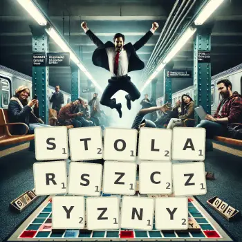 Kreatywna ilustracja do gry w Scrabble ze słowem STOLARSZCZYZNY ułożonym z płytek na planszy.