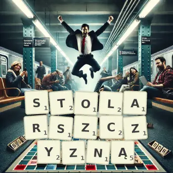 Kreatywna ilustracja do gry w Scrabble ze słowem STOLARSZCZYZNĄ ułożonym z płytek na planszy.