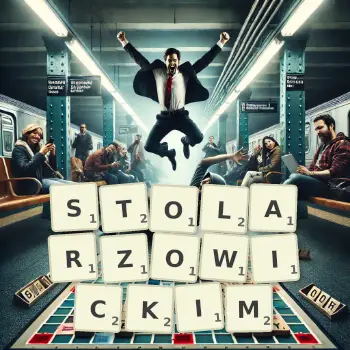 Kreatywna ilustracja do gry w Scrabble ze słowem STOLARZOWICKIM ułożonym z płytek na planszy.