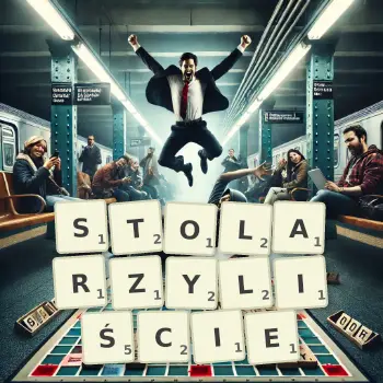 Kreatywna ilustracja do gry w Scrabble ze słowem STOLARZYLIŚCIE ułożonym z płytek na planszy.