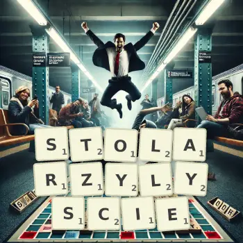 Kreatywna ilustracja do gry w Scrabble ze słowem STOLARZYLYSCIE ułożonym z płytek na planszy.