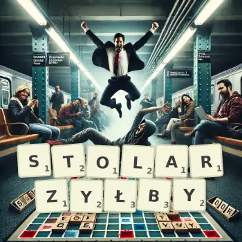 Kreatywna ilustracja do gry w Scrabble ze słowem STOLARZYŁBY ułożonym z płytek na planszy.