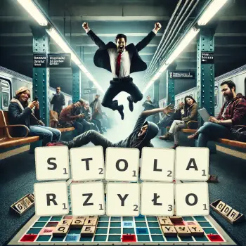 Kreatywna ilustracja do gry w Scrabble ze słowem STOLARZYŁO ułożonym z płytek na planszy.