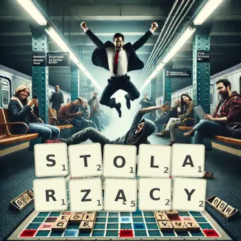Kreatywna ilustracja do gry w Scrabble ze słowem STOLARZĄCY ułożonym z płytek na planszy.