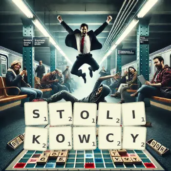 Kreatywna ilustracja do gry w Scrabble ze słowem STOLIKOWCY ułożonym z płytek na planszy.
