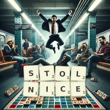 Kreatywna ilustracja do gry w Scrabble ze słowem STOLNICE ułożonym z płytek na planszy.