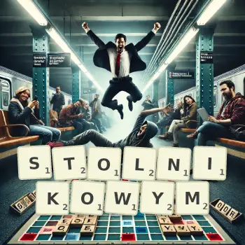 Kreatywna ilustracja do gry w Scrabble ze słowem STOLNIKOWYM ułożonym z płytek na planszy.