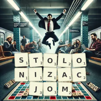 Kreatywna ilustracja do gry w Scrabble ze słowem STOLONIZACJOM ułożonym z płytek na planszy.