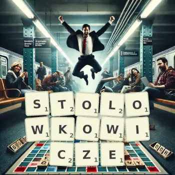 Kreatywna ilustracja do gry w Scrabble ze słowem STOLOWKOWICZE ułożonym z płytek na planszy.