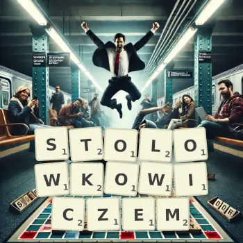 Kreatywna ilustracja do gry w Scrabble ze słowem STOLOWKOWICZEM ułożonym z płytek na planszy.