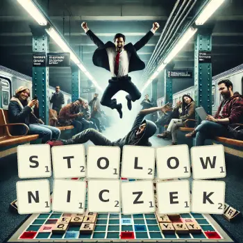 Kreatywna ilustracja do gry w Scrabble ze słowem STOLOWNICZEK ułożonym z płytek na planszy.