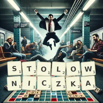 Kreatywna ilustracja do gry w Scrabble ze słowem STOLOWNICZKA ułożonym z płytek na planszy.