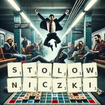 Kreatywna ilustracja do gry w Scrabble ze słowem STOLOWNICZKI ułożonym z płytek na planszy.