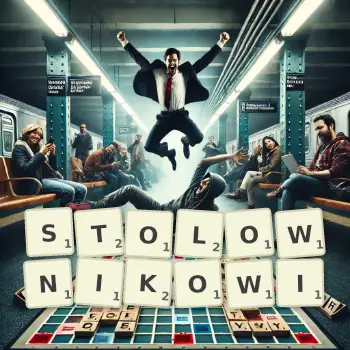 Kreatywna ilustracja do gry w Scrabble ze słowem STOLOWNIKOWI ułożonym z płytek na planszy.