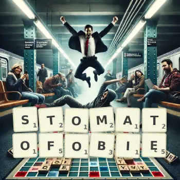 Kreatywna ilustracja do gry w Scrabble ze słowem STOMATOFOBIĘ ułożonym z płytek na planszy.