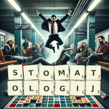 Kreatywna ilustracja do gry w Scrabble ze słowem STOMATOLOGIJ ułożonym z płytek na planszy.