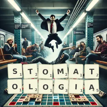 Kreatywna ilustracja do gry w Scrabble ze słowem STOMATOLOGIĄ ułożonym z płytek na planszy.