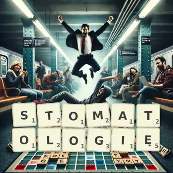 Kreatywna ilustracja do gry w Scrabble ze słowem STOMATOLOGIĘ ułożonym z płytek na planszy.