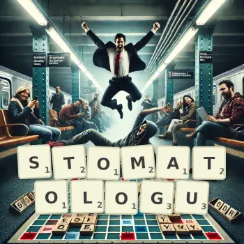 Kreatywna ilustracja do gry w Scrabble ze słowem STOMATOLOGU ułożonym z płytek na planszy.