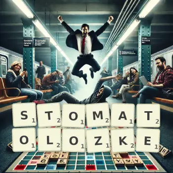 Kreatywna ilustracja do gry w Scrabble ze słowem STOMATOLOZKE ułożonym z płytek na planszy.