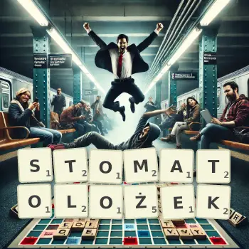 Kreatywna ilustracja do gry w Scrabble ze słowem STOMATOLOŻEK ułożonym z płytek na planszy.