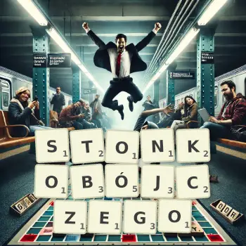 Kreatywna ilustracja do gry w Scrabble ze słowem STONKOBÓJCZEGO ułożonym z płytek na planszy.