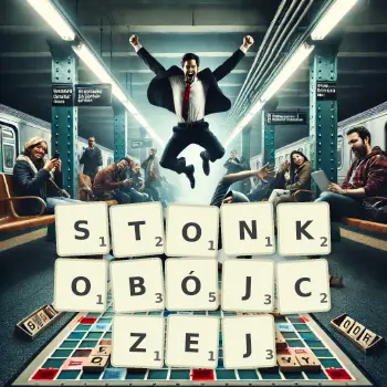 Kreatywna ilustracja do gry w Scrabble ze słowem STONKOBÓJCZEJ ułożonym z płytek na planszy.