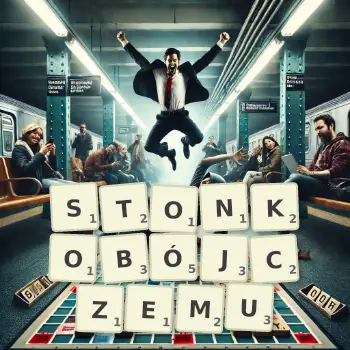 Kreatywna ilustracja do gry w Scrabble ze słowem STONKOBÓJCZEMU ułożonym z płytek na planszy.