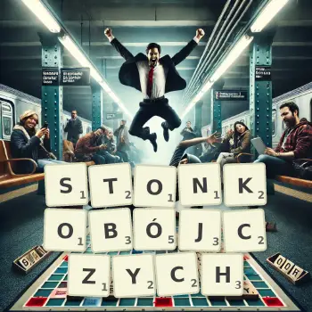 Kreatywna ilustracja do gry w Scrabble ze słowem STONKOBÓJCZYCH ułożonym z płytek na planszy.