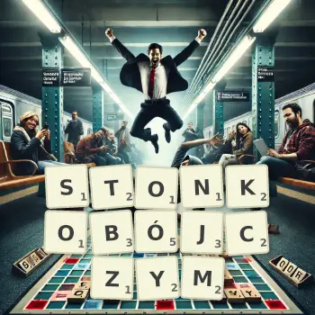Kreatywna ilustracja do gry w Scrabble ze słowem STONKOBÓJCZYM ułożonym z płytek na planszy.