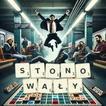 Kreatywna ilustracja do gry w Scrabble ze słowem STONOWAŁY ułożonym z płytek na planszy.