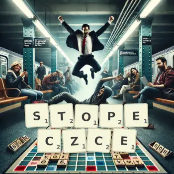 Kreatywna ilustracja do gry w Scrabble ze słowem STOPECZCE ułożonym z płytek na planszy.