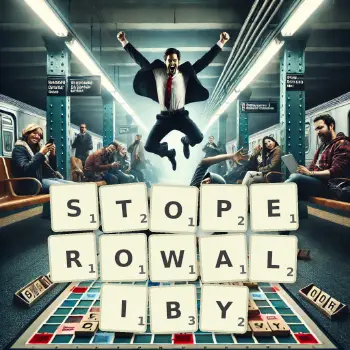 Kreatywna ilustracja do gry w Scrabble ze słowem STOPEROWALIBY ułożonym z płytek na planszy.