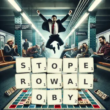 Kreatywna ilustracja do gry w Scrabble ze słowem STOPEROWALOBY ułożonym z płytek na planszy.