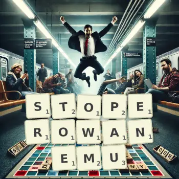 Kreatywna ilustracja do gry w Scrabble ze słowem STOPEROWANEMU ułożonym z płytek na planszy.