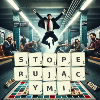 Kreatywna ilustracja do gry w Scrabble ze słowem STOPERUJĄCYMI ułożonym z płytek na planszy.