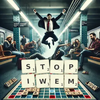 Kreatywna ilustracja do gry w Scrabble ze słowem STOPIWEM ułożonym z płytek na planszy.