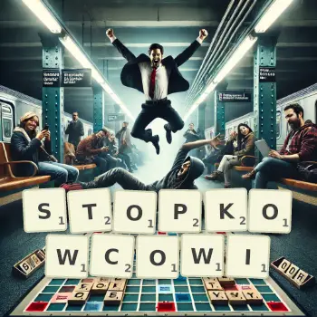 Kreatywna ilustracja do gry w Scrabble ze słowem STOPKOWCOWI ułożonym z płytek na planszy.