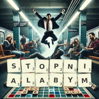 Kreatywna ilustracja do gry w Scrabble ze słowem STOPNIALABYM ułożonym z płytek na planszy.