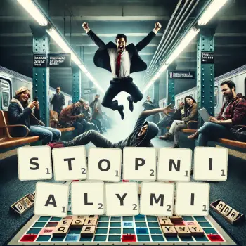 Kreatywna ilustracja do gry w Scrabble ze słowem STOPNIALYMI ułożonym z płytek na planszy.