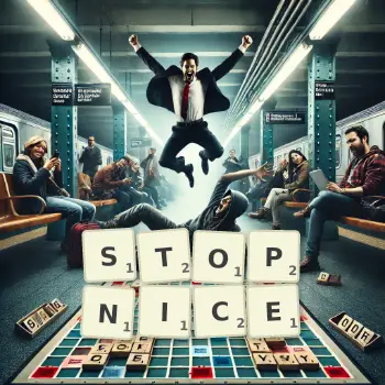 Kreatywna ilustracja do gry w Scrabble ze słowem STOPNICE ułożonym z płytek na planszy.